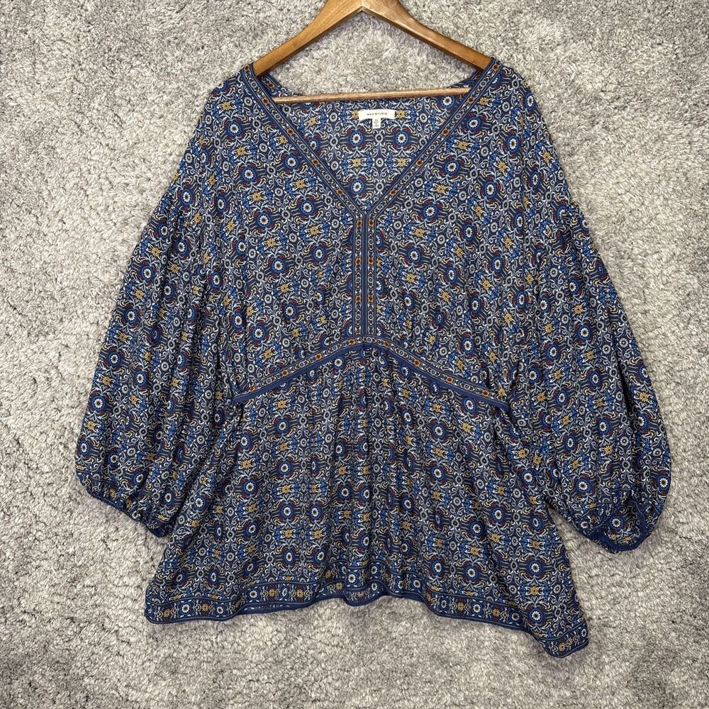 Max Studio Floral Blouse Top 3X Flowy Bohemian Blue V Neck Lightweight Peasant